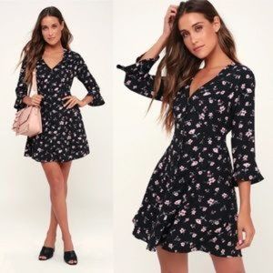 Lulu's Love Blossoms Black Floral Button-Up Dress